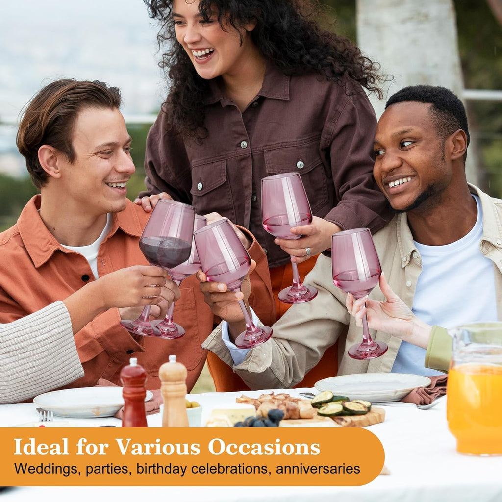 Pink Wine Glasses Set of 6, 12oz Stemmed Glasses, Thick & Colored, Dishwasher Safe Stemware for Red or White, Gift
