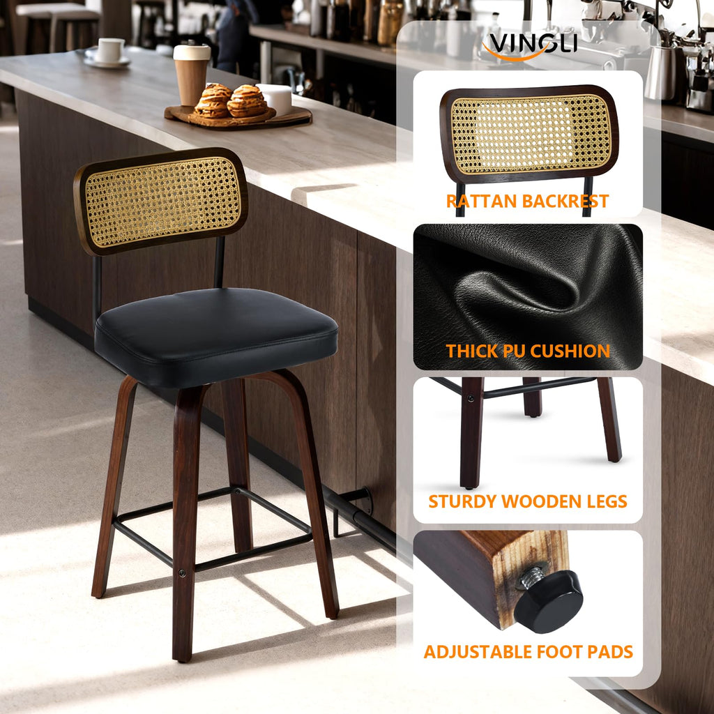 Modern Bar Stool 26" H, PU Leather with Rattan Back, 360° Swivel, Solid Wood Legs Barstools Island & Home Bar, Black