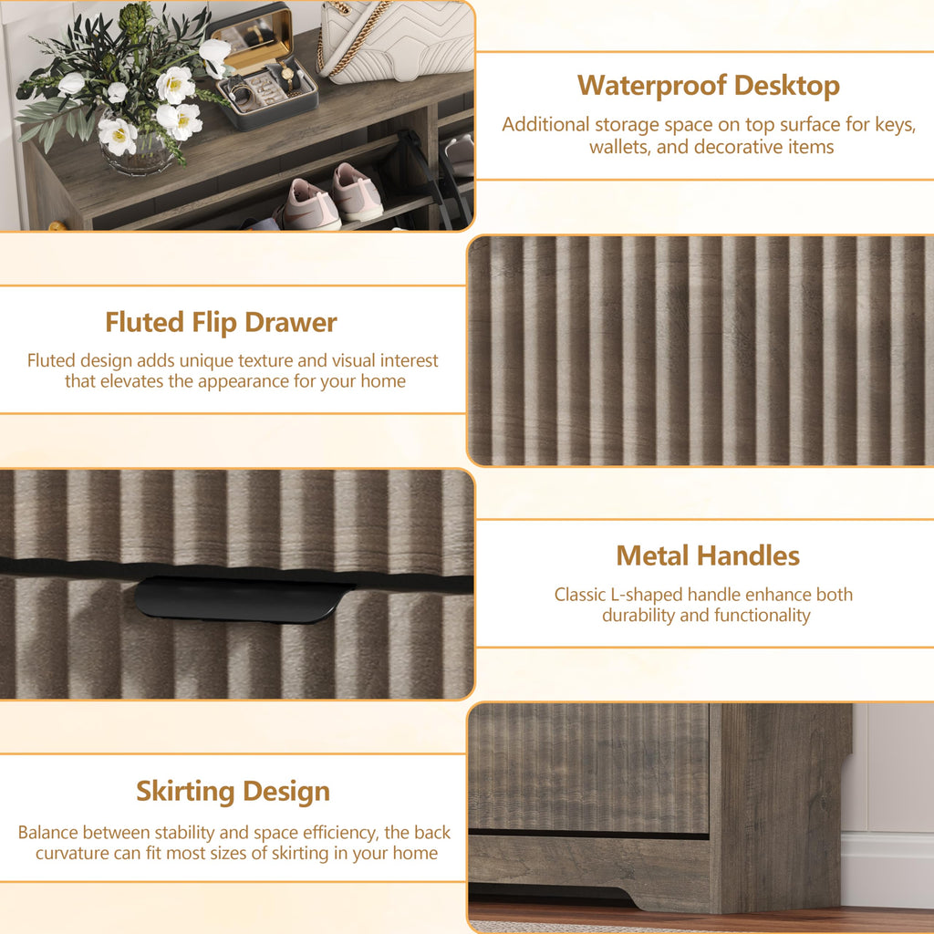 Shoe Cabinet Storage with 3 Flip Drawers, Grey Fluted Shoe Cabinet with Adjustable Shelves, Wooden Hidden Shoe Rack