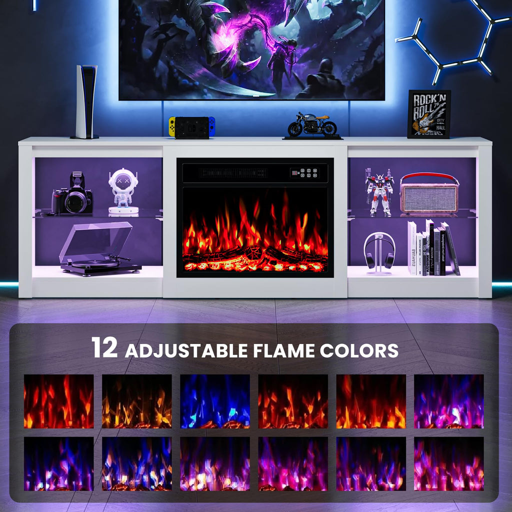 70 Inch Fireplace TV Stand for TVs up to 80 Inch with 23" Electric Fireplace, Modern Entertainment Center with Glass