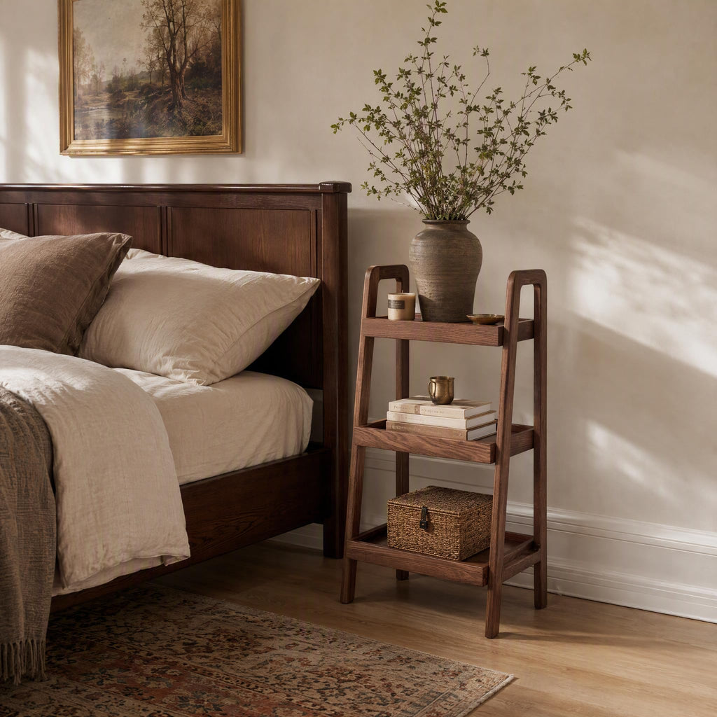 Solid Oak Small Bookshelf, 3 Tier Ladder Shelf Walnut Bookcase
