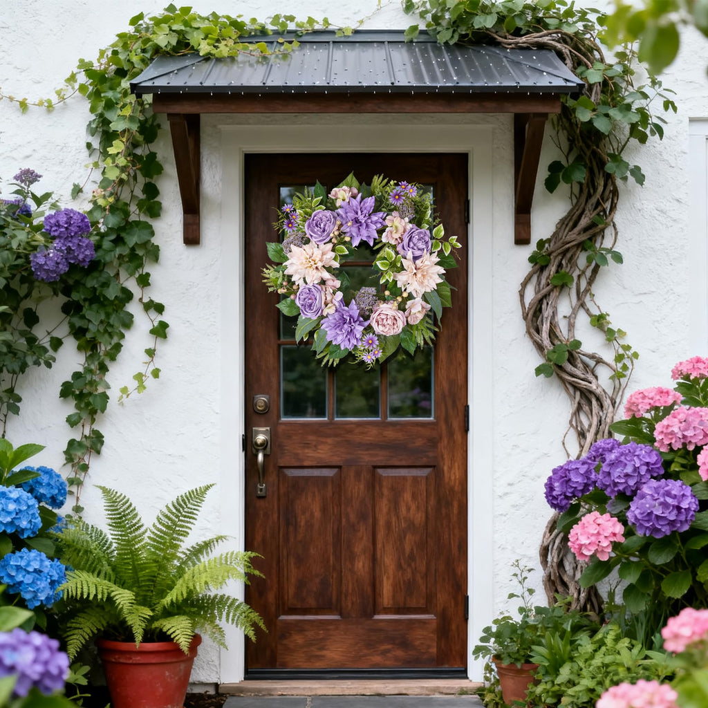 24 Inch Spring Summer Wreath for Front Door with Roses Dahlias Silk Flowers with Berry Greenery for All Seasons