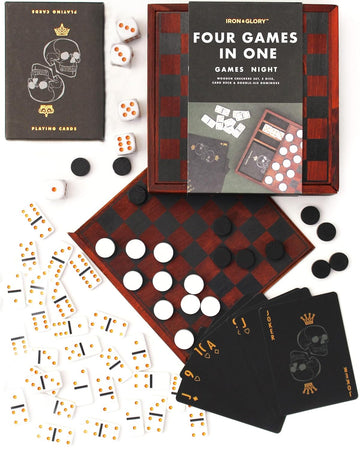 Iron & Glory Games Night | Wooden Games Compendium with Dice Set, Playing Cards, Dominoes Set & Checkers | 4 in 1