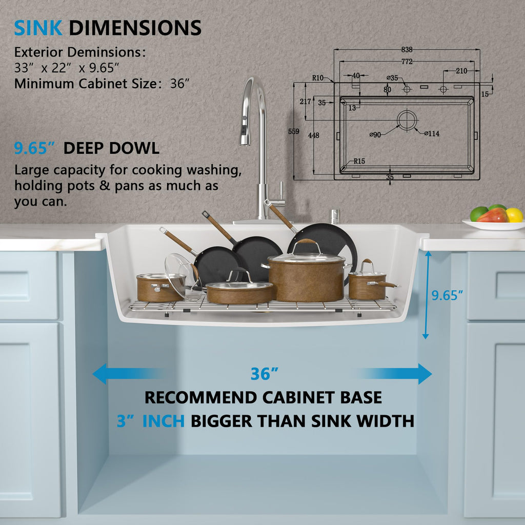 33"x22" Granite Composite - Ledge Workstation Drop In Topmount White Quartz Classic Above Counter Single Bowl Basin