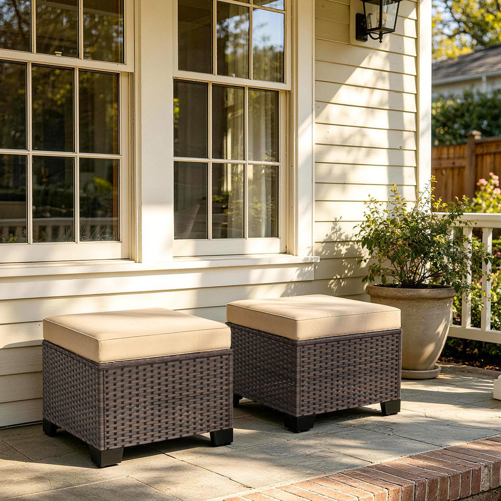 2 Pieces Wicker Ottomans, All Weather Rattan Patio Ottoman with Removable Cushion, Outdoor Footstools, Additional