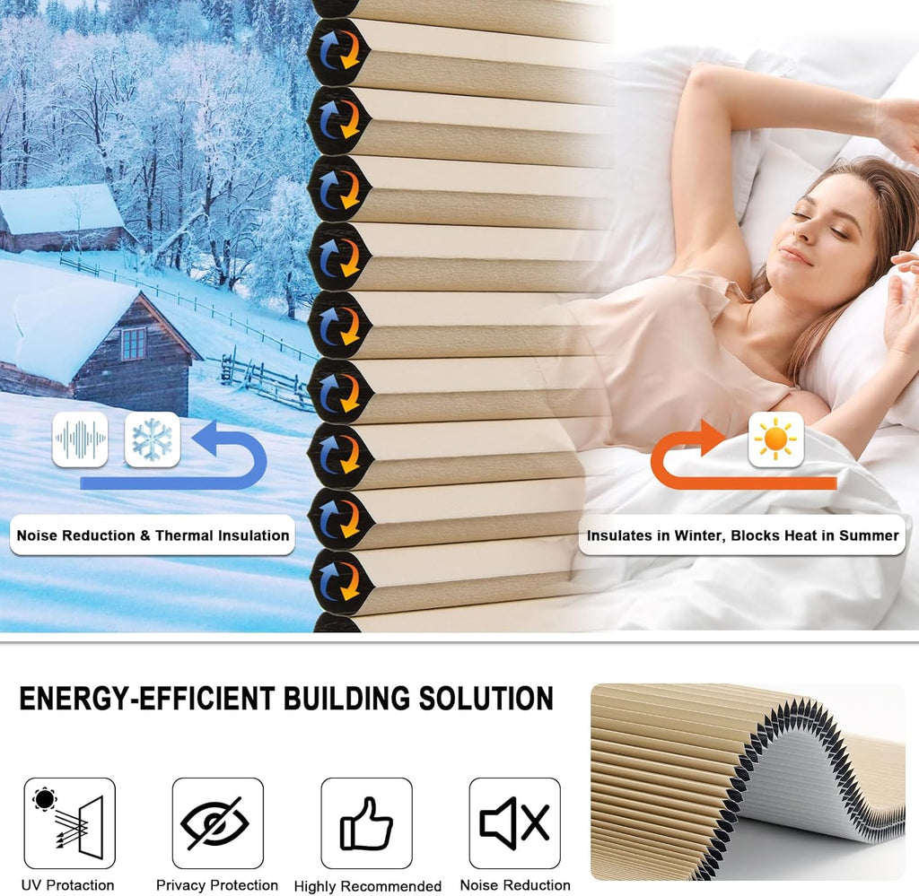 No Drill Cellular Shades Windows, Thermal Insulating & Noise Reducing Honeycomb Blinds, Free Stop Cordless Blackout