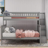 Twin Over Full Bunk Bed with Stairs, Wood Bed Frame with Storage Space and Guard Rail for Bedroom, Dorm, for Teens