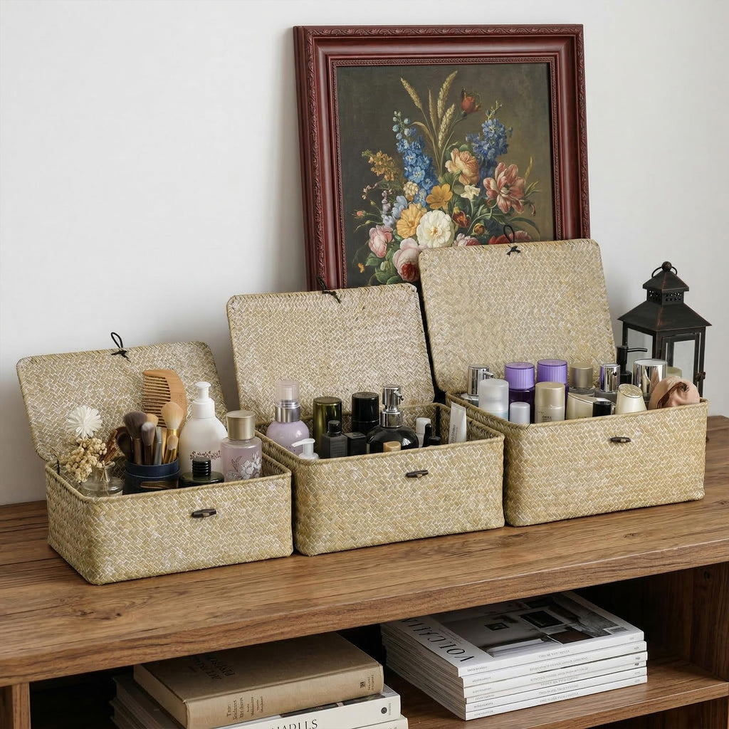 Medium Wicker Basket with Lid, Seagrass Shelf Storage Basket, White