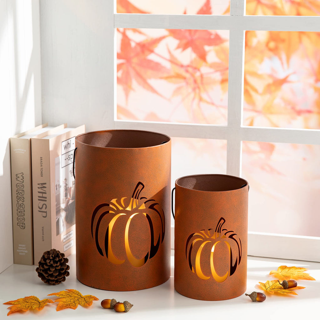 2 Pcs Farmhouse Fall Lanterns Thanksgiving Metal Candle Lanterns Buckets Indoor Outdoor Decorations Thankful Fall