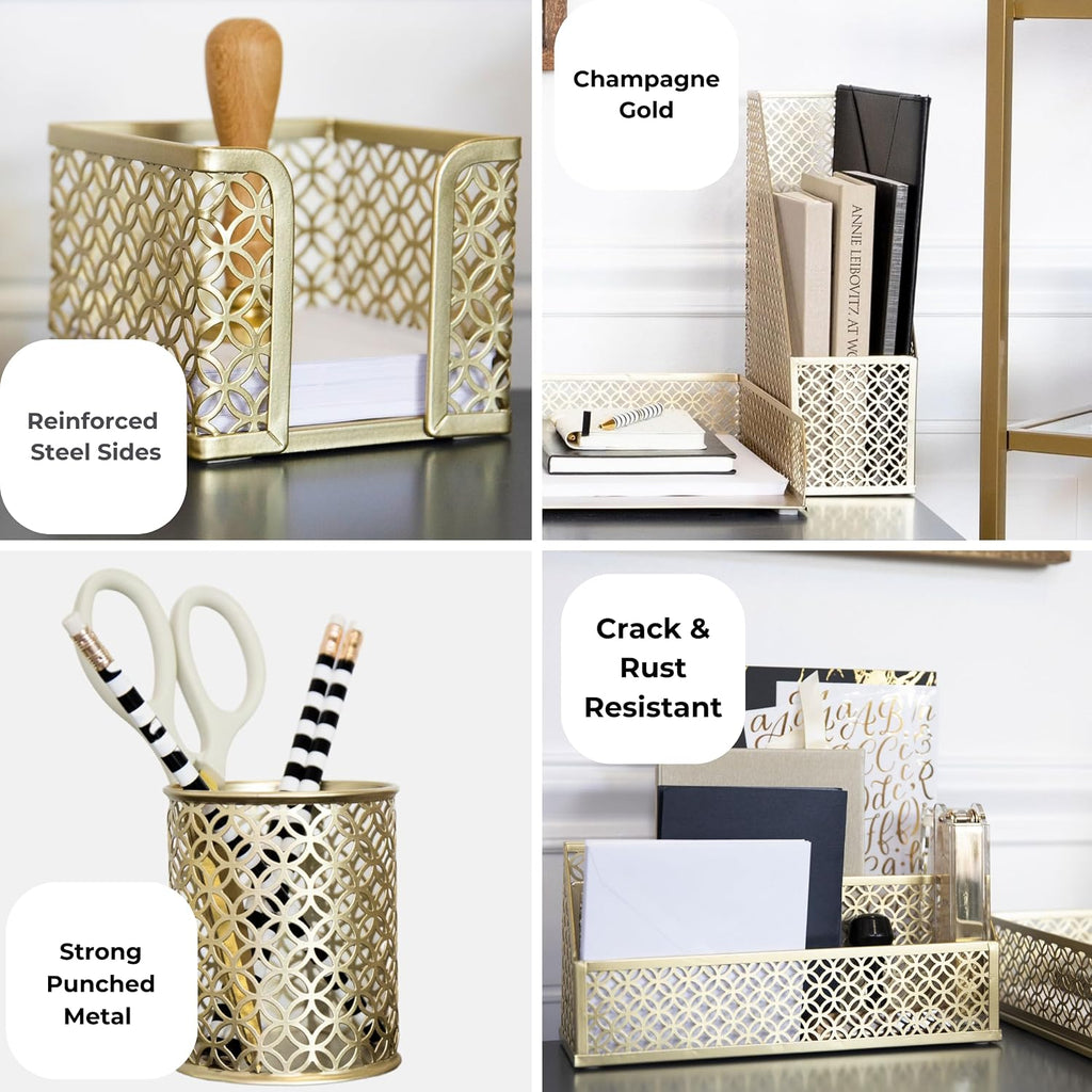 Gold Desk Organizer Set with Mail Sorter, Sticky Note Holder, Pen Cup, Magazine Holder, Letter Tray & Business Card