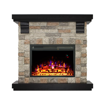42" Electric Fireplace with Mantel, Freestanding 23" Electric Fireplace with Stone Brick Mantel Surround, Brown