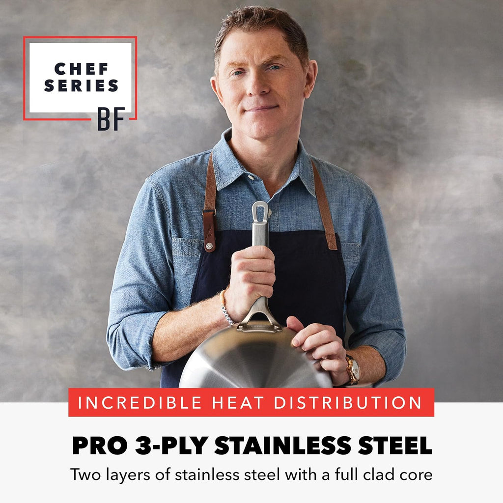 X Bobby Flay 10 Piece Stainless Steel Cookware Set, Tri-Ply Multiclad Pots & Pans, Professional Grade, Oven & Broiler