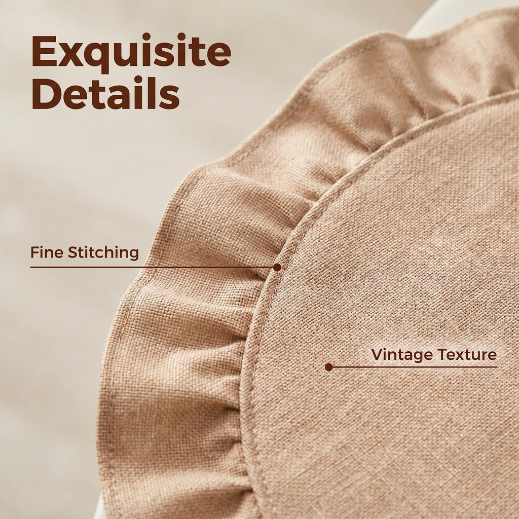 Round Ruffled Linen Blend Placemats, 15 Inch Scalloped Table Mats, Set of 4