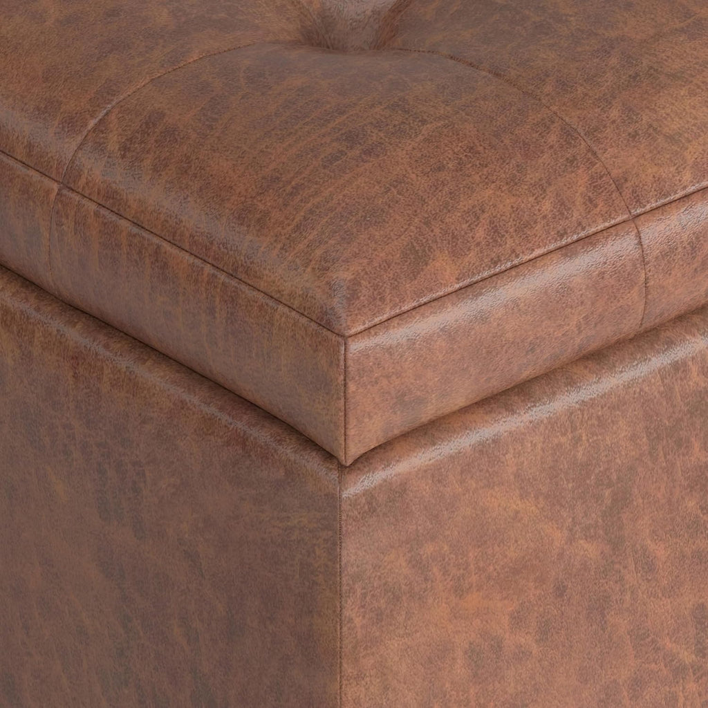 Cosmopolitan 34" Wide Vegan Leather Storage Ottoman in Brown | Distressed saddle brown, transitional storage ottoman