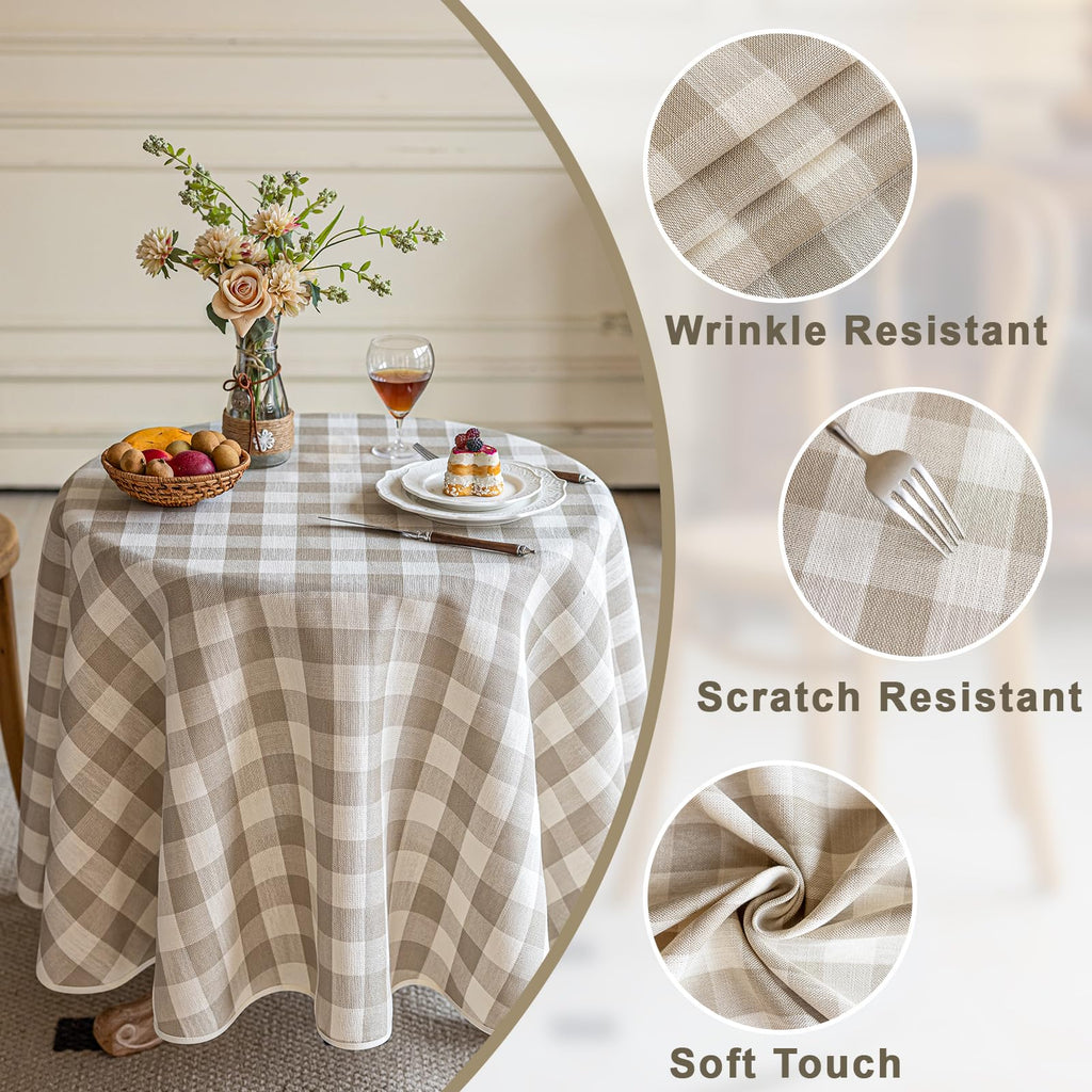 Beige Gingham Round Tablecloth 60 Inch, Checkered Circle Table Cloth Washable Wrinkle Free, Cotton Linen Buffalo