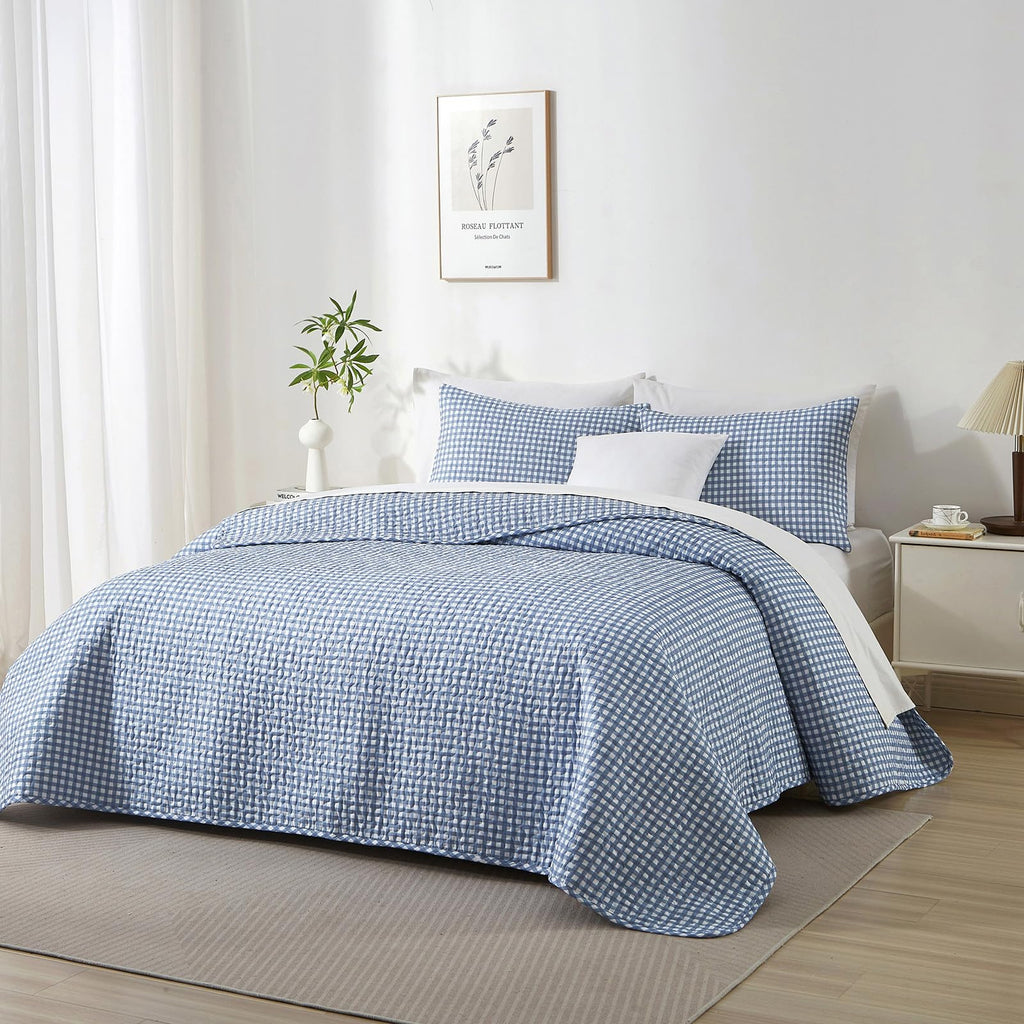 Blue Gingham Quilt Bedding Set, Vintage Plaid Grid Bedspread Checkered Pattern Lightweight Comforter for
