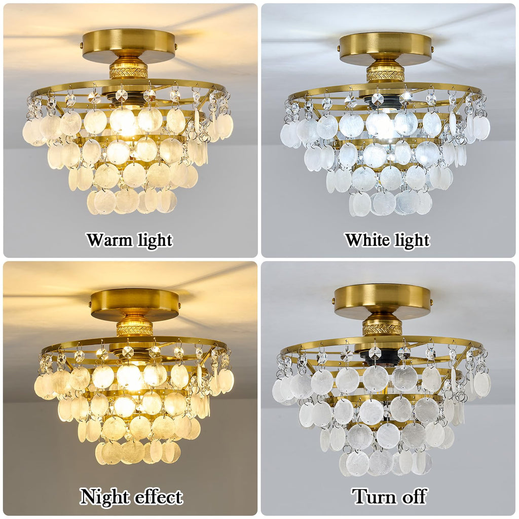 Capiz Shell Ceiling Light, Modern Gold Semi Flush Mount Chandelier with Crystal & Natural Seashell, Small Coastal