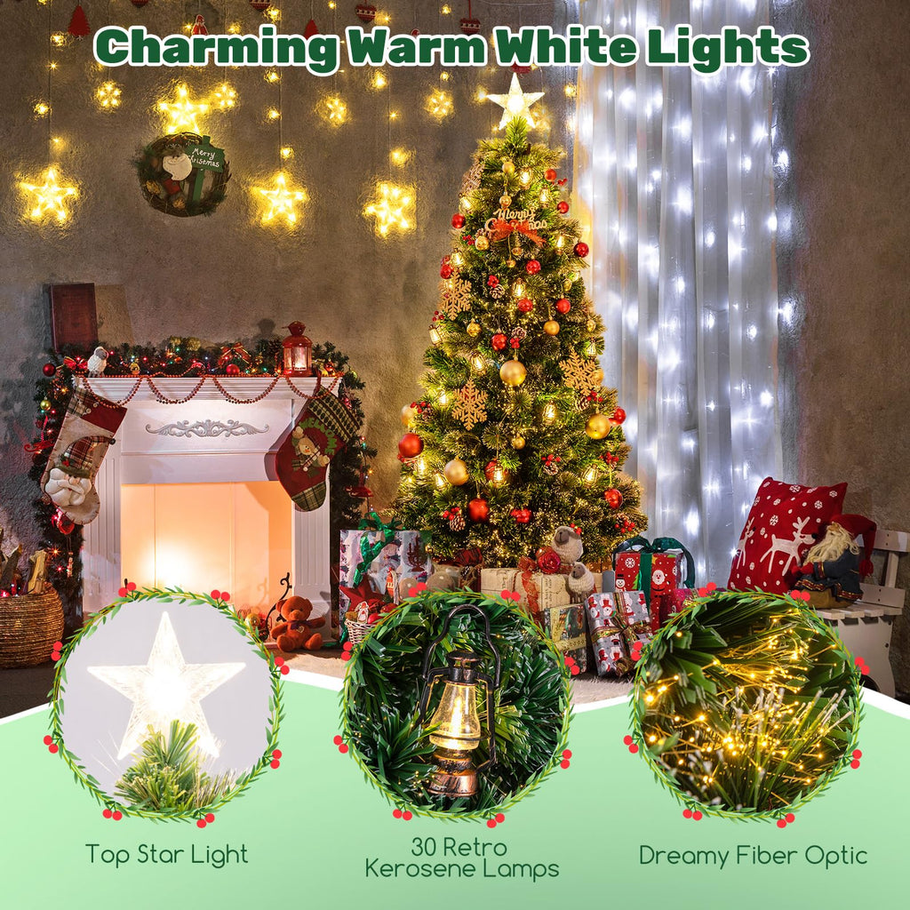 6 FT Pre-lit Fiber Optic Christmas Tree, Artificial Xmas Tree with 220 Branch Tips, 30 Retro Kerosene Lamps, Treetop