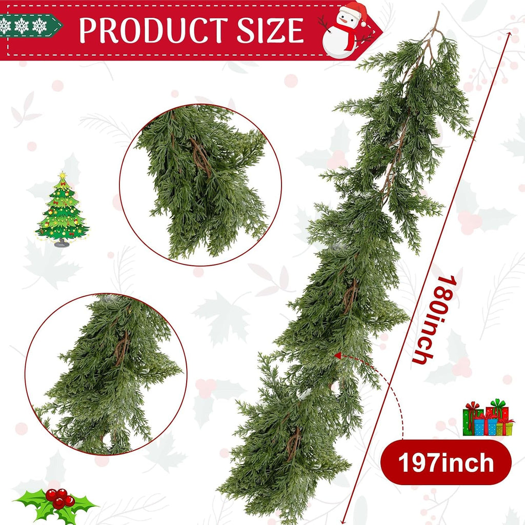 15 ft Artificial Cedar Christmas Garland, Extra Long Faux Pine Cypress Vine Garland for Mantel Staircase Doorway