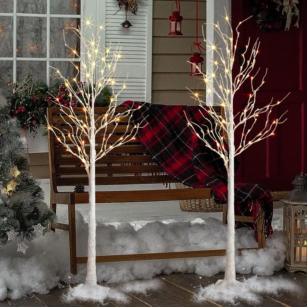 Birch Tree Lights, 2 Pack 6 Feet Prelit White Artificial Christmas Trees, Birch Tree with LED Lights, Twinkling Twig
