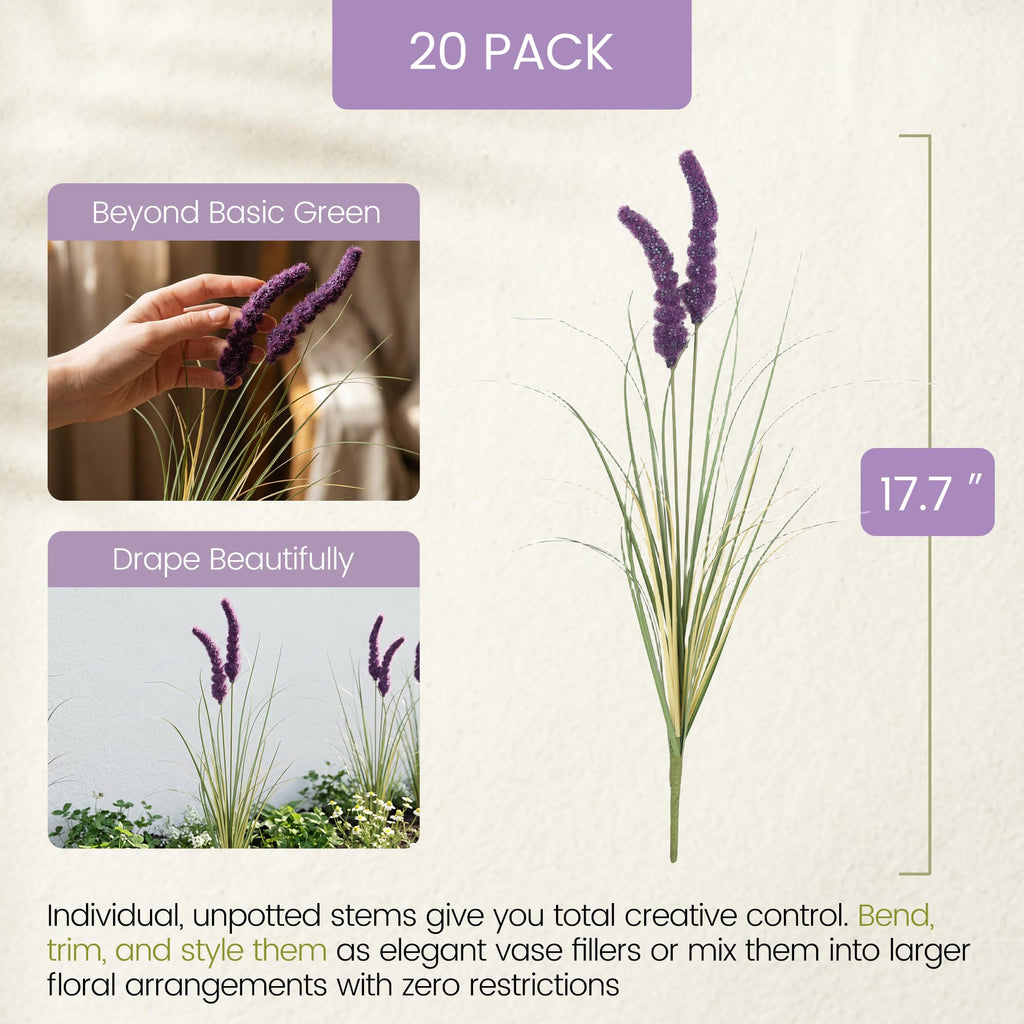 20 PCS Artificial Purple Grass Stems, 17.7in Faux Grass Plant for Vase