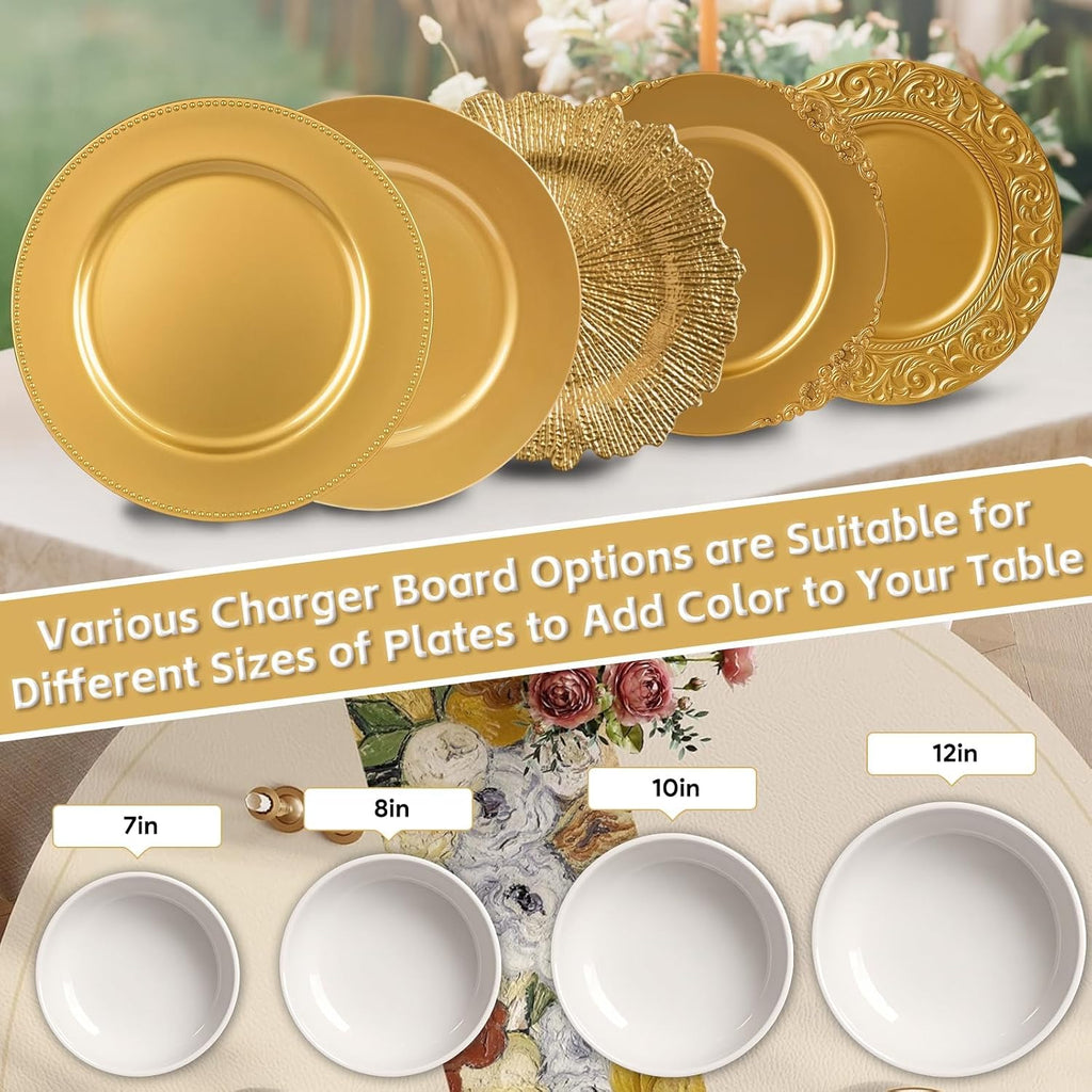 Gold Charger Plates, 13 Inch Plastic Round Gold Chargers for Dinner Plates with Beaded Rim, Reusable Plastic - Set of 50