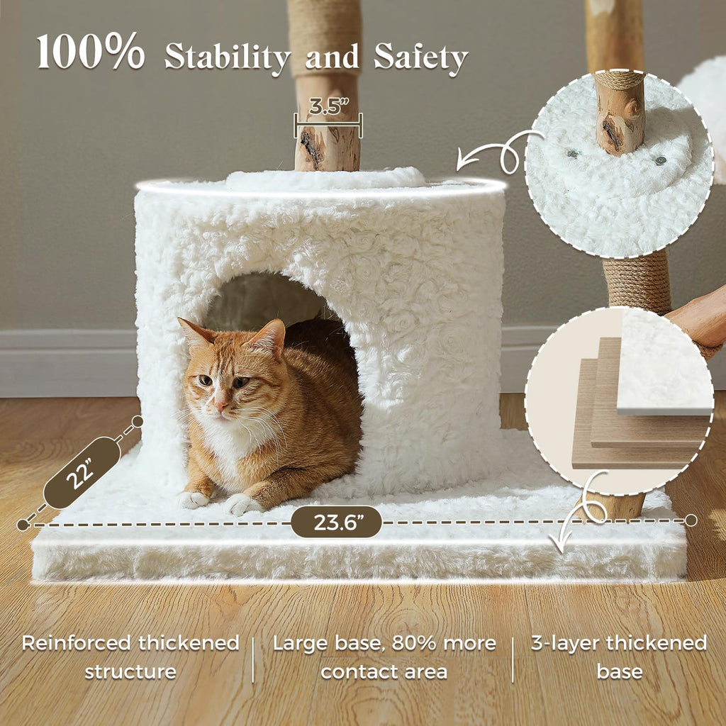 59" Modern Wood Cat Tree for Large Cats, Boho Style, Cloud White