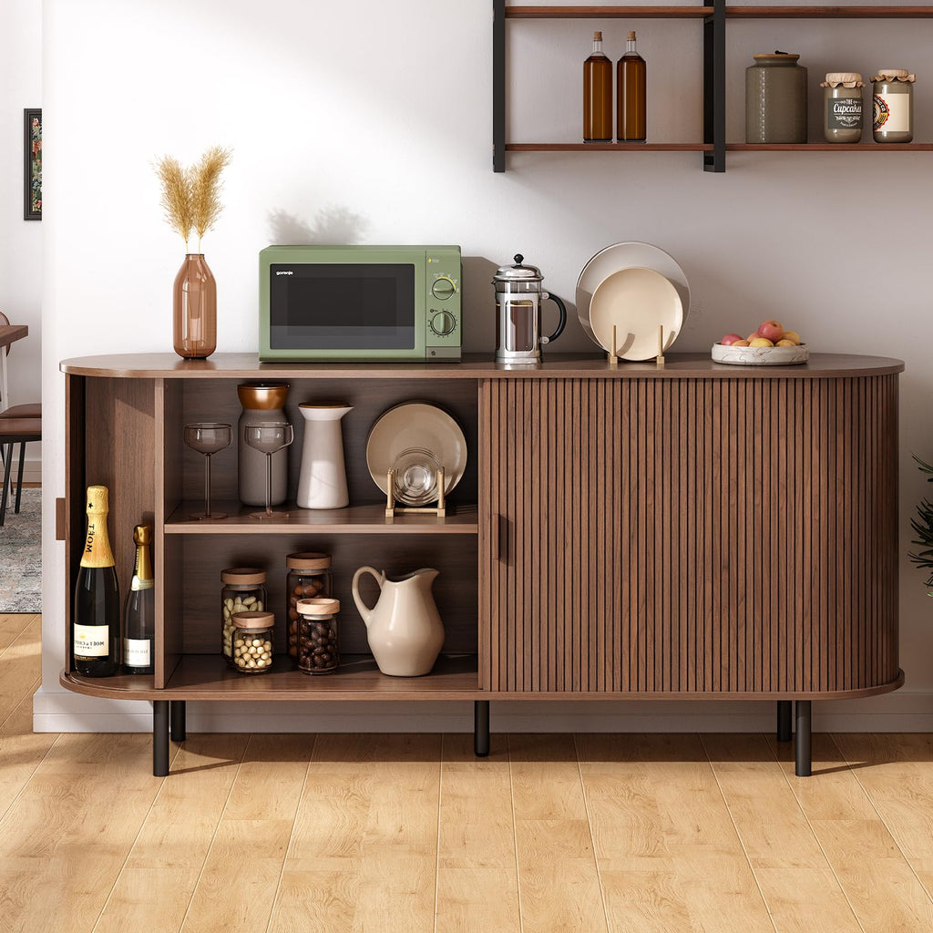 63" Sideboard Buffet Cabinet, Sliding Door/Adjustable Shelf, Walnut