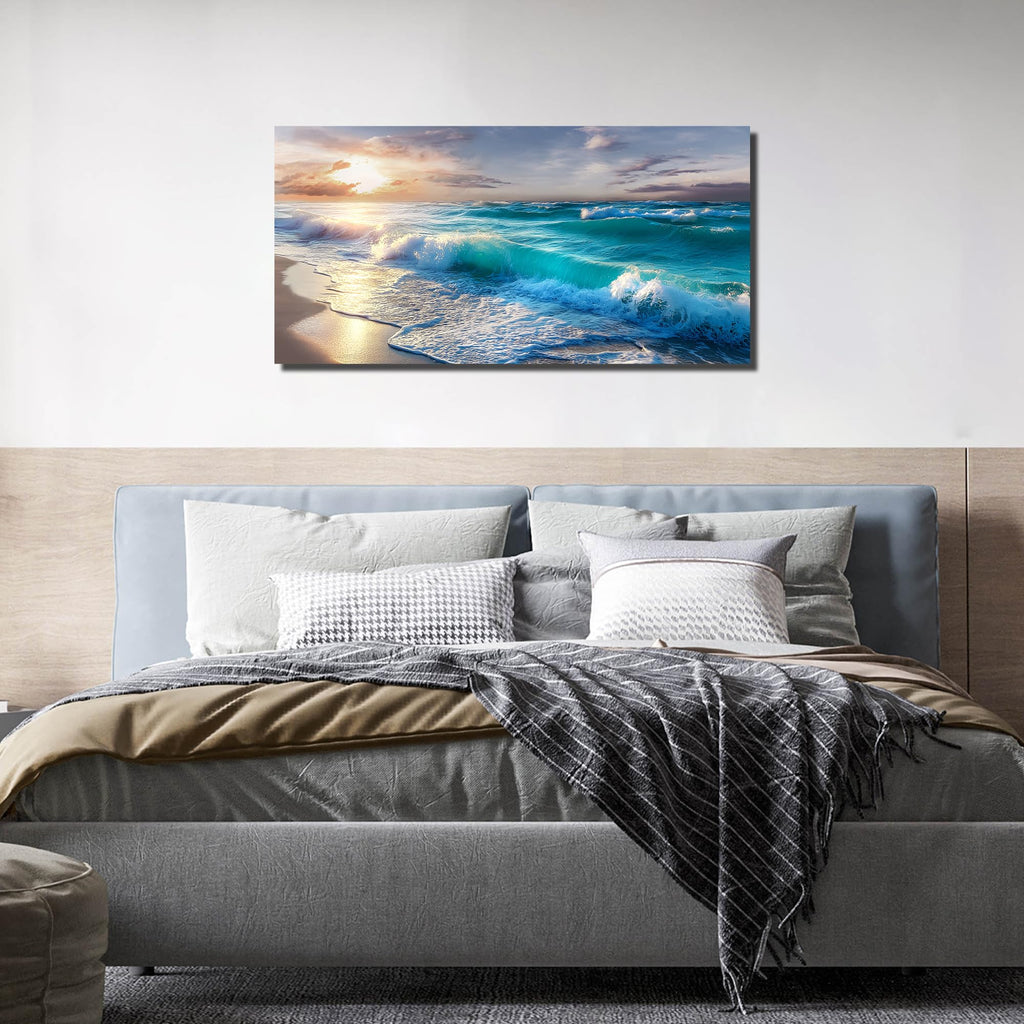 Ocean Wall Art, Blue Wave and Large Coastal Beach Canvas Wall-Decor, Gold Sun Scenery Pictures Office, Size 40x20