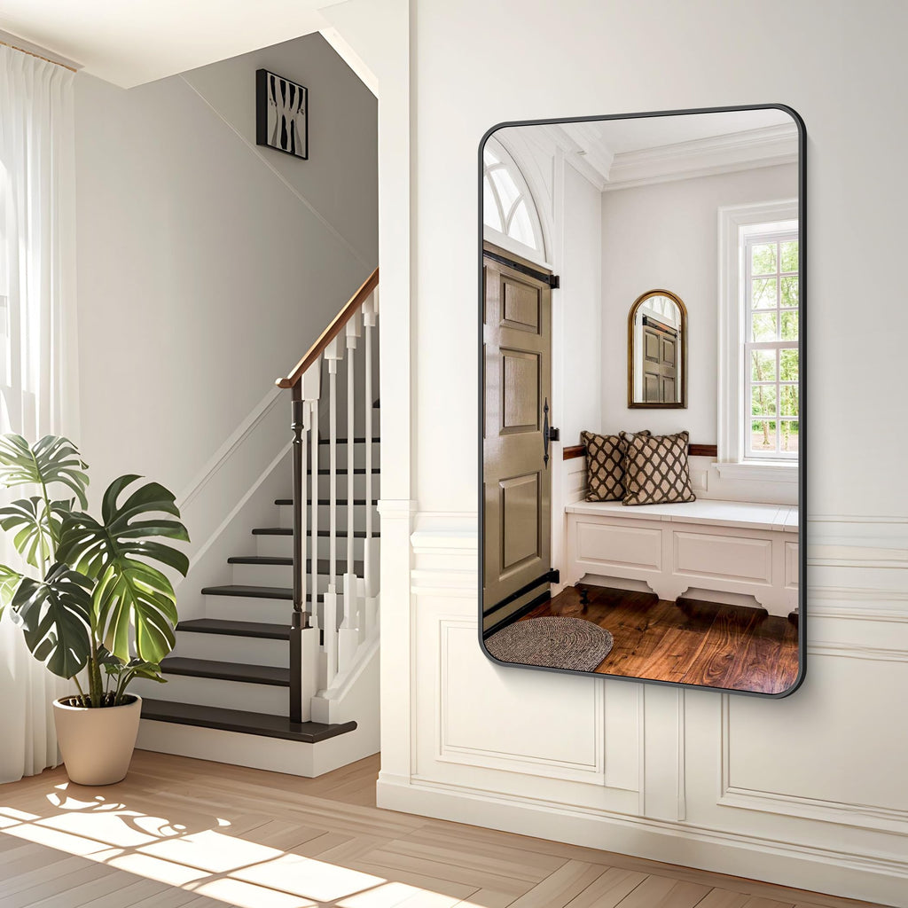 60x36 inch Large Bathroom Mirror,Black Rectangle Mirror,Wall Mounted Bathroom Frame Vanity Mirror with Round Corner