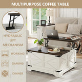 Farmhouse Lift Top Coffee Table, Square Wood Center Table with Large Hidden Storage Compartment