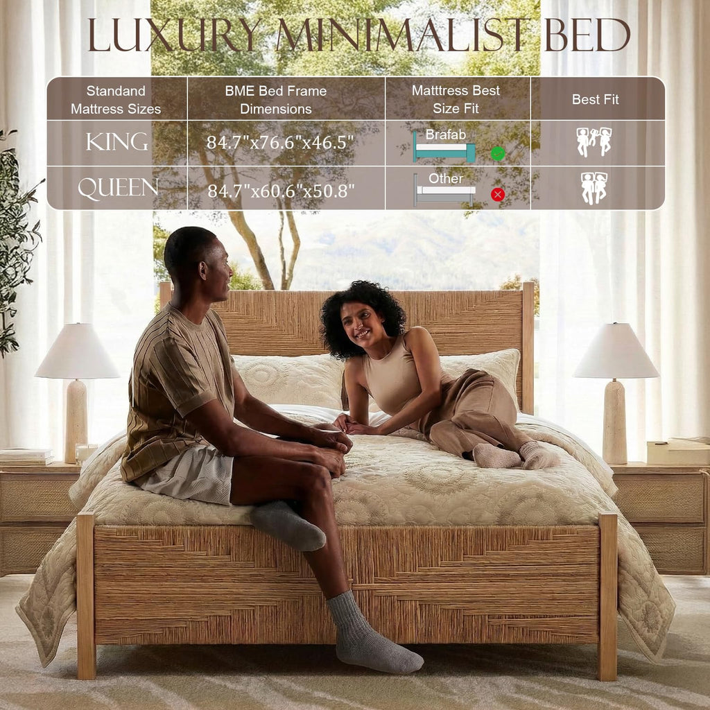 King Size Rattan Bed Frame, Boho Wicker Headboard, Natural Oak
