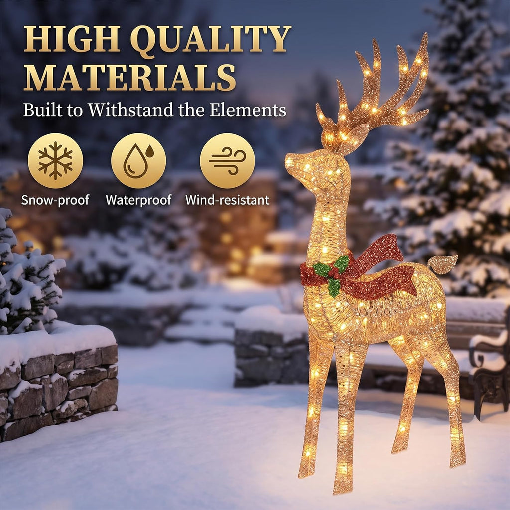 48-Inch Lighted Christmas Reindeer with 70 Warm White LED Lights, Pre-Lit Glitter Mesh Buck Deer with Gold Bells