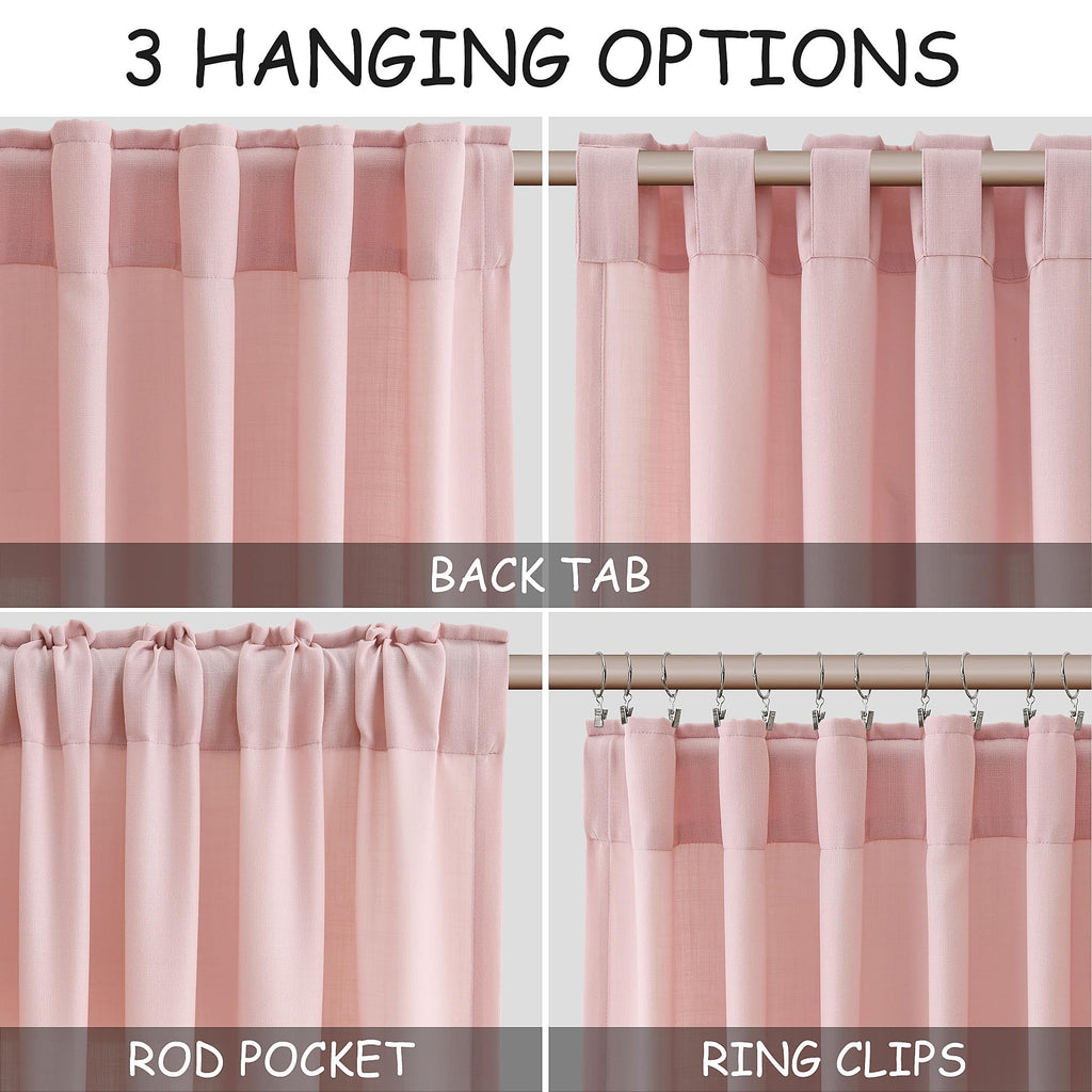 Pink Linen Curtains 96 Inches Long 2 Panels Set for Baby Girl Bedroom Back Tab Rod Pocket Semi Sheer Light Filtering