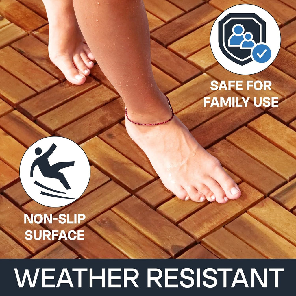 Interlocking Deck Tiles 12”x12”, Acacia Wood Patio Tiles, Waterproof Flooring Tiles for Indoor and Outdoor - Non-Slip