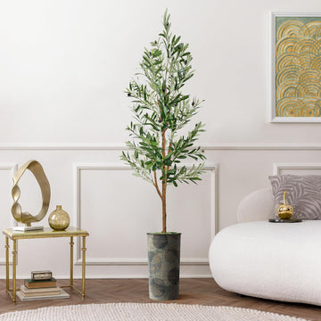 Tree in Contemporary Planter, Fake Olive Silk Tree for Indoor and Outdoor Home Decoration - 68" Overall Tall (Plant
