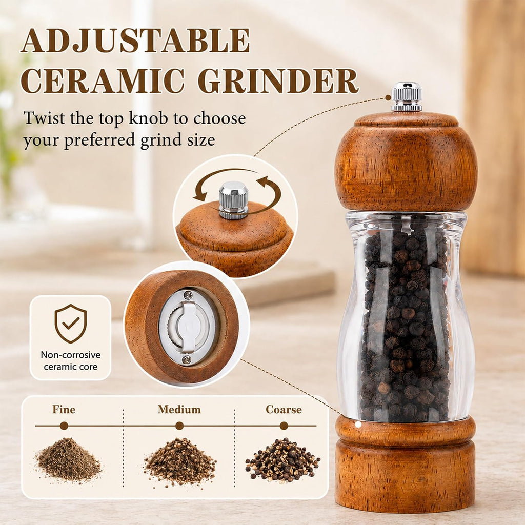 Manual Salt and Pepper Grinder Set, Oak Acrylic Mills with Tray - Set of 2