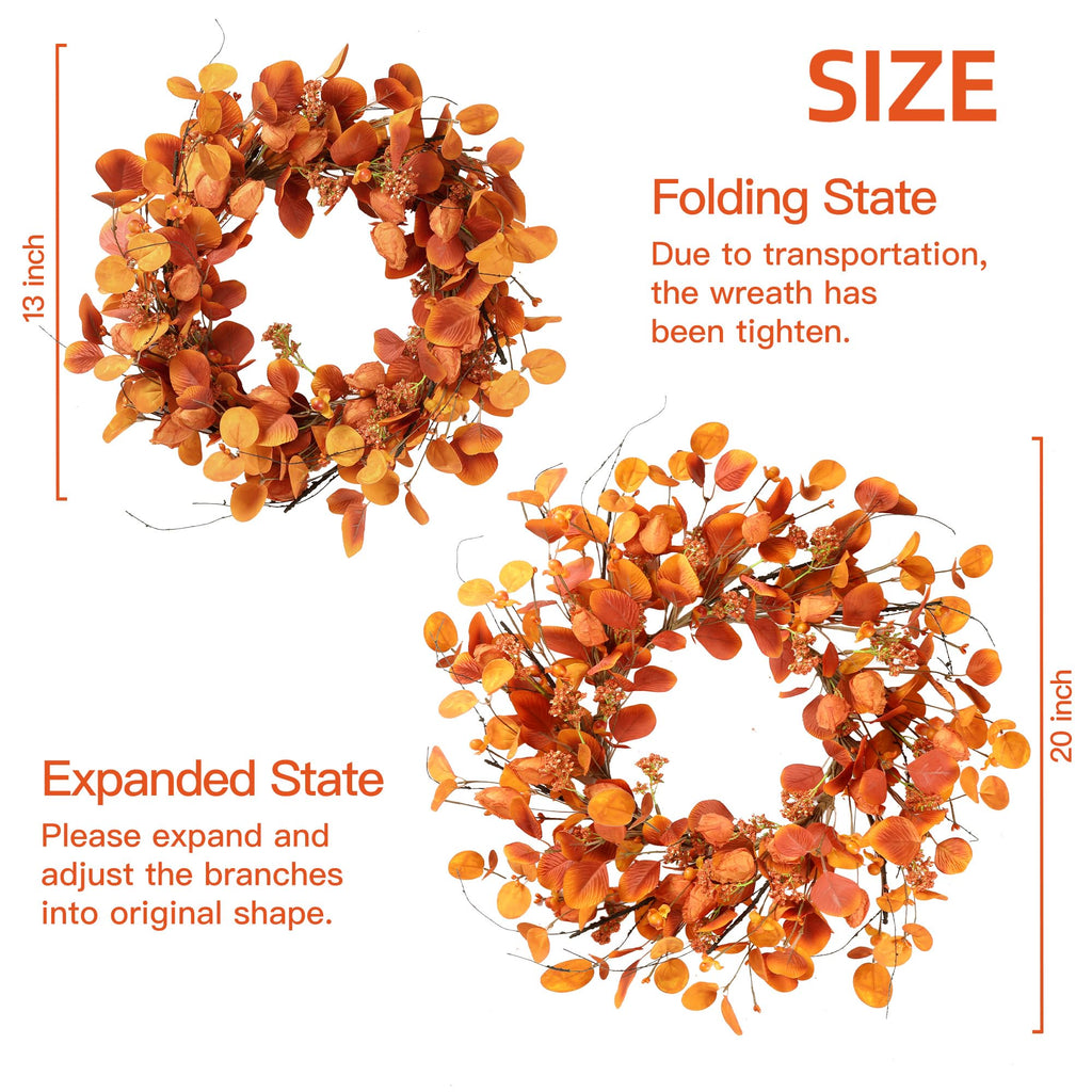 Fall Wreath 20'' Autumn Harvest Wreath with Eucalyptus Berries, Silk Orange Leaves, Cape Gooseberries for Outside