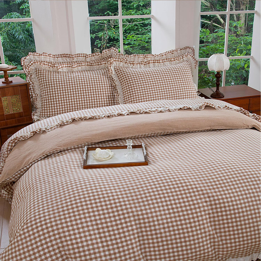 100% Washed Cotton Taupe Gingham Ruffle Duvet Cover Set