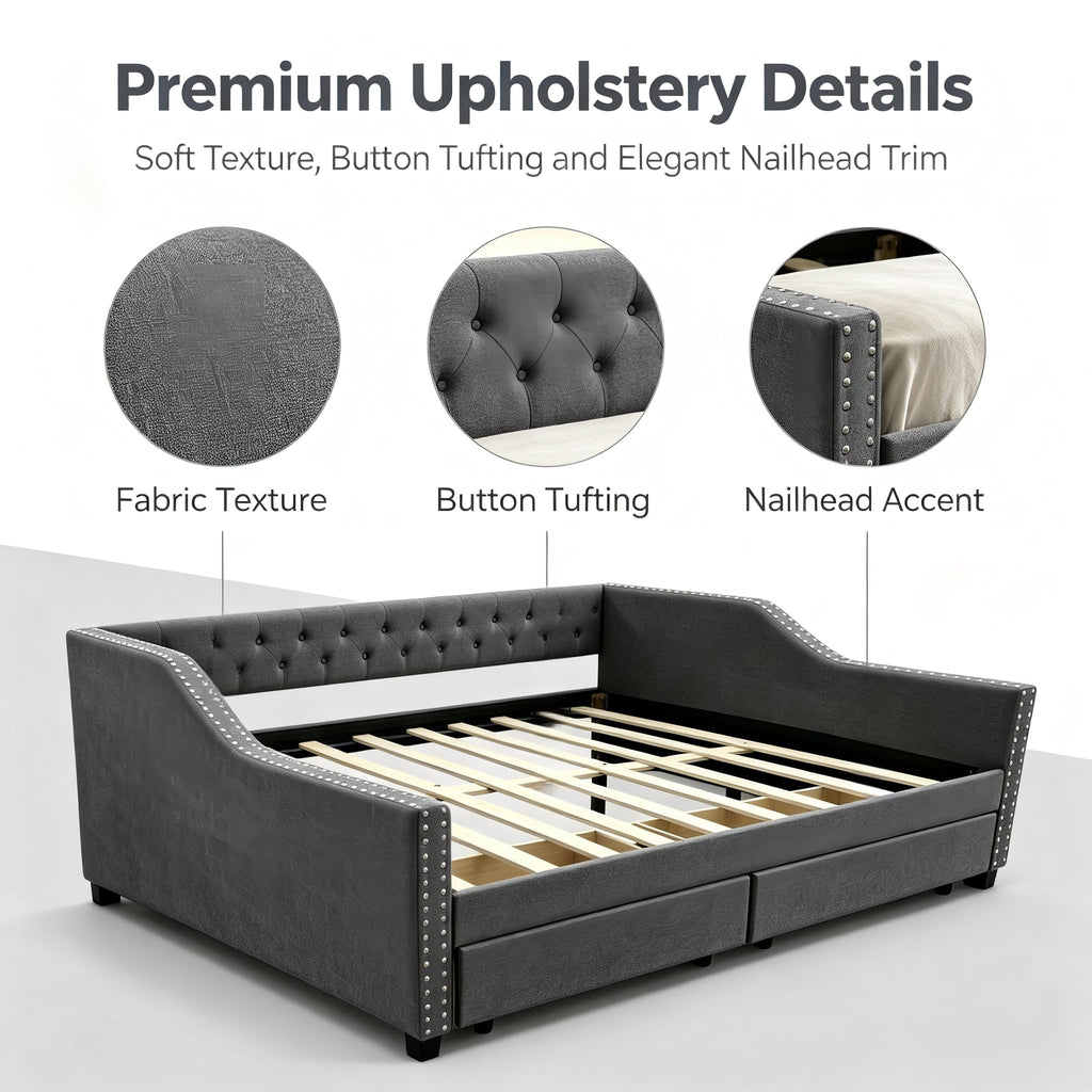 Upholstered Full Size Daybed with 2 Storage Drawer, Grey
