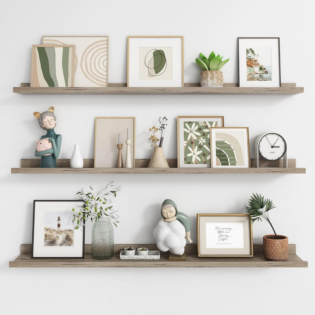 Picture Ledge Shelf, 48 Inch Grey Floating Shelves Set of 3 | Wall Shelves with Lip, Rustic Grey Wood Picture Shelf
