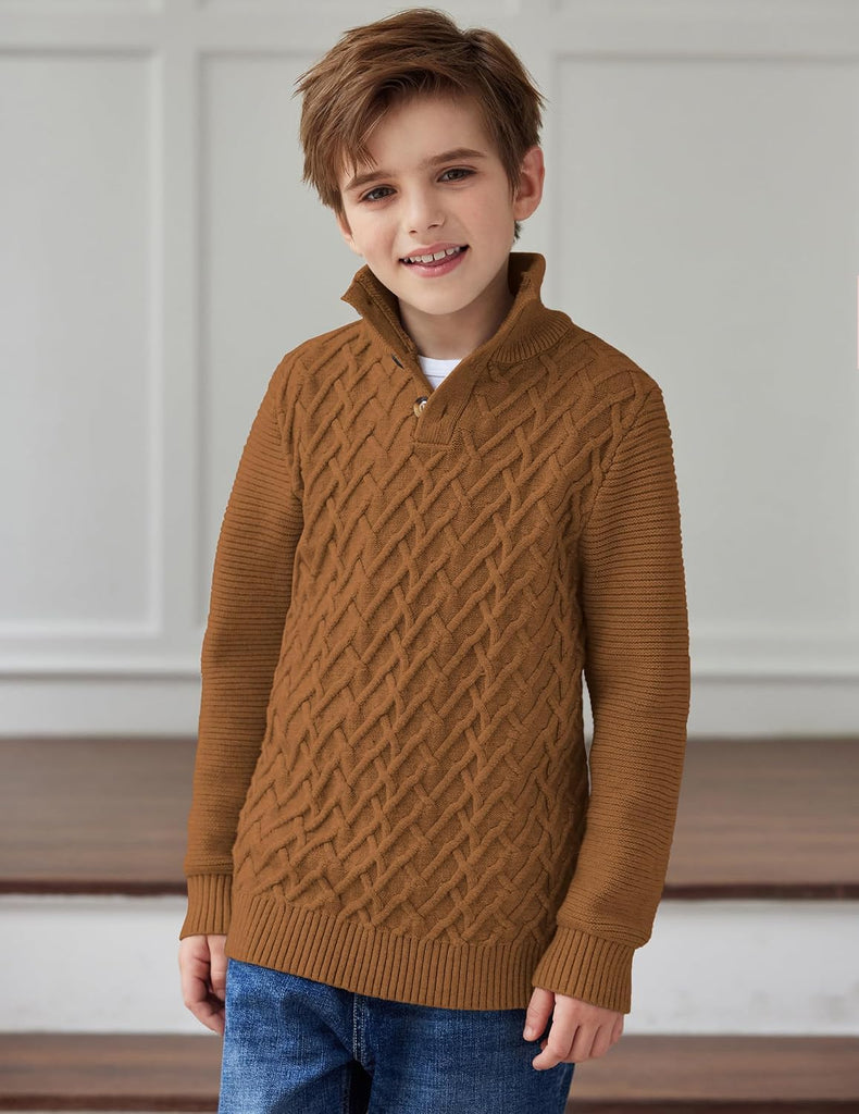 Boys Turtleneck Sweater Long Sleeve Cable Knit Button Up Pullover Winter Warm Tops for Kids