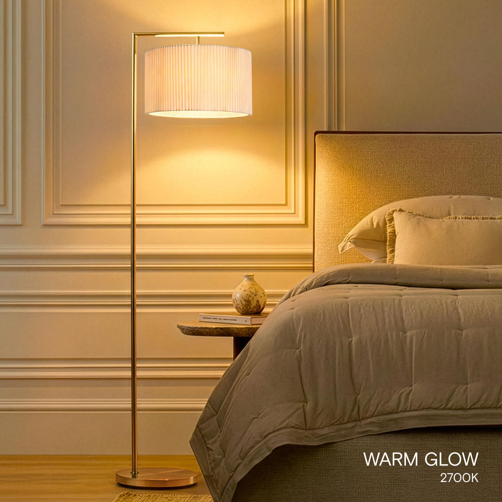 Montage Modern Floor Lamp - LED Standing Lamp with Tan Shade s & Offices - Bedroom Reading Light - Tall Corner Pole