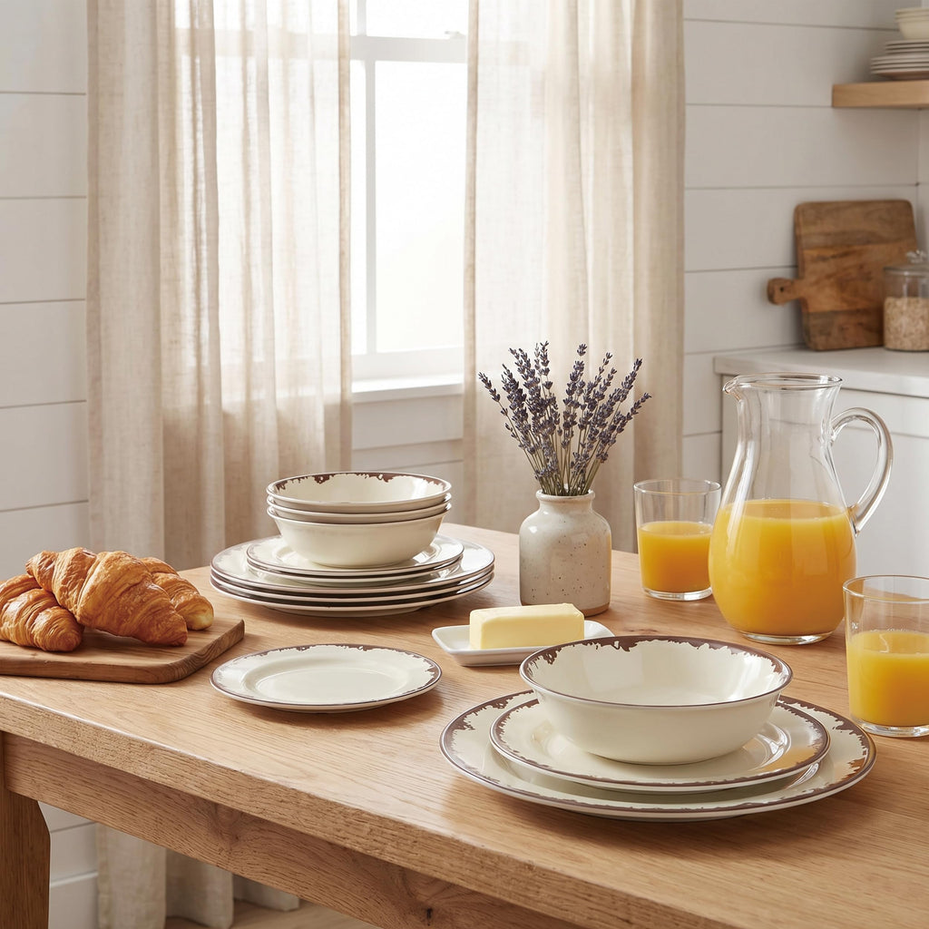 Melamine Dinnerware Farmhouse Plates and Bowls Set for 4-Off White