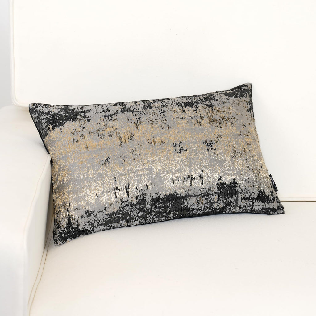 Luxury Jacquard Lumbar Throw Pillow Cover 12x20 Inch, Black Gray Gold Metallic Abstract Decorative Cushion Cover