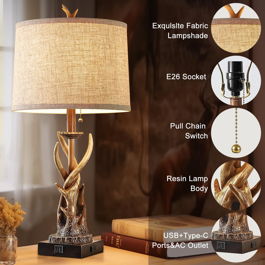 Rustic Deer Antler Table Lamps Set of 2 Farmhouse Bedside Lamps with USB A+C Ports End Table Hunting Themed Cabin