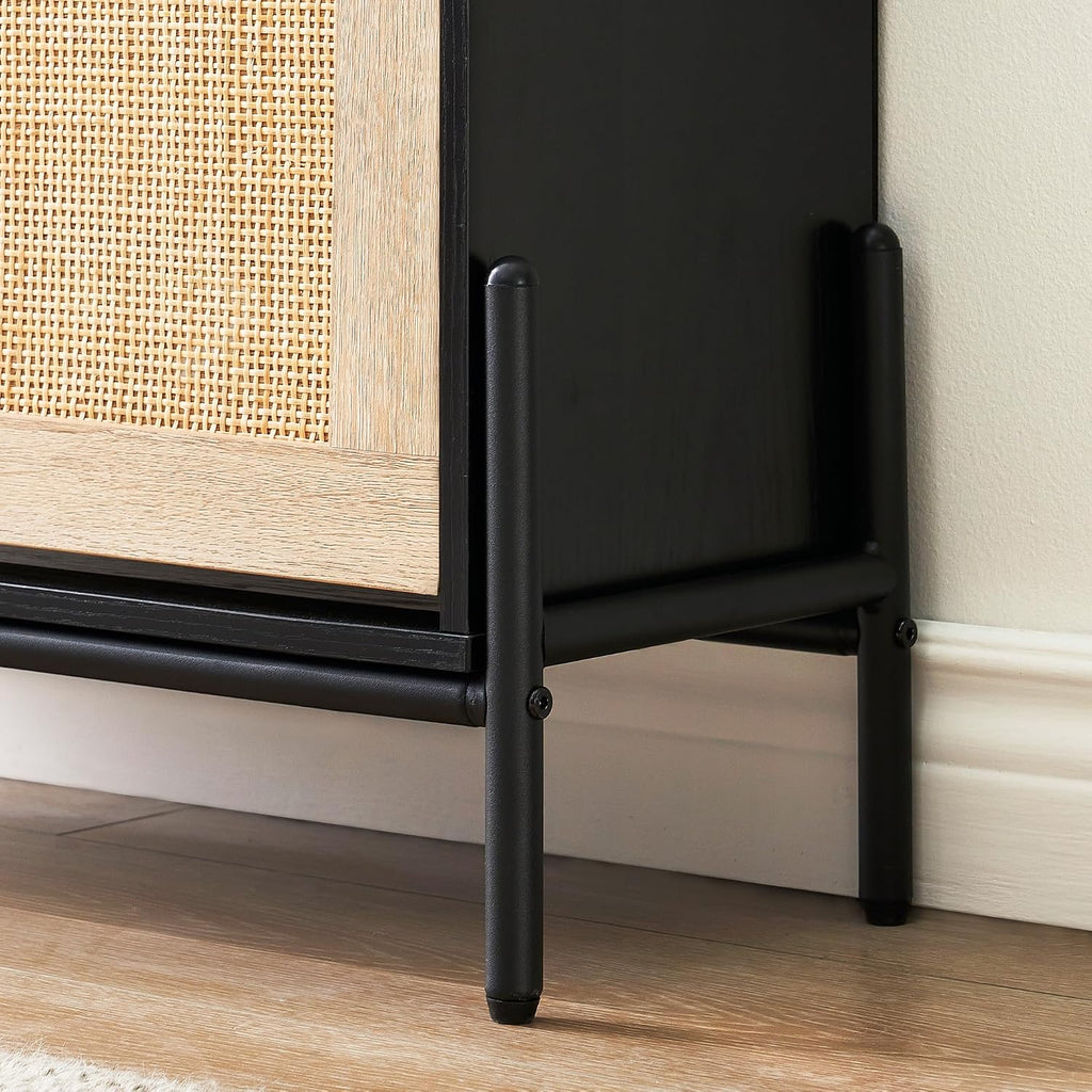Natural Rattan Flip Drawer Shoe Cabinet Narrow Freestanding Entryway Shoe Storage Organizer Adjustable Shelves Metal
