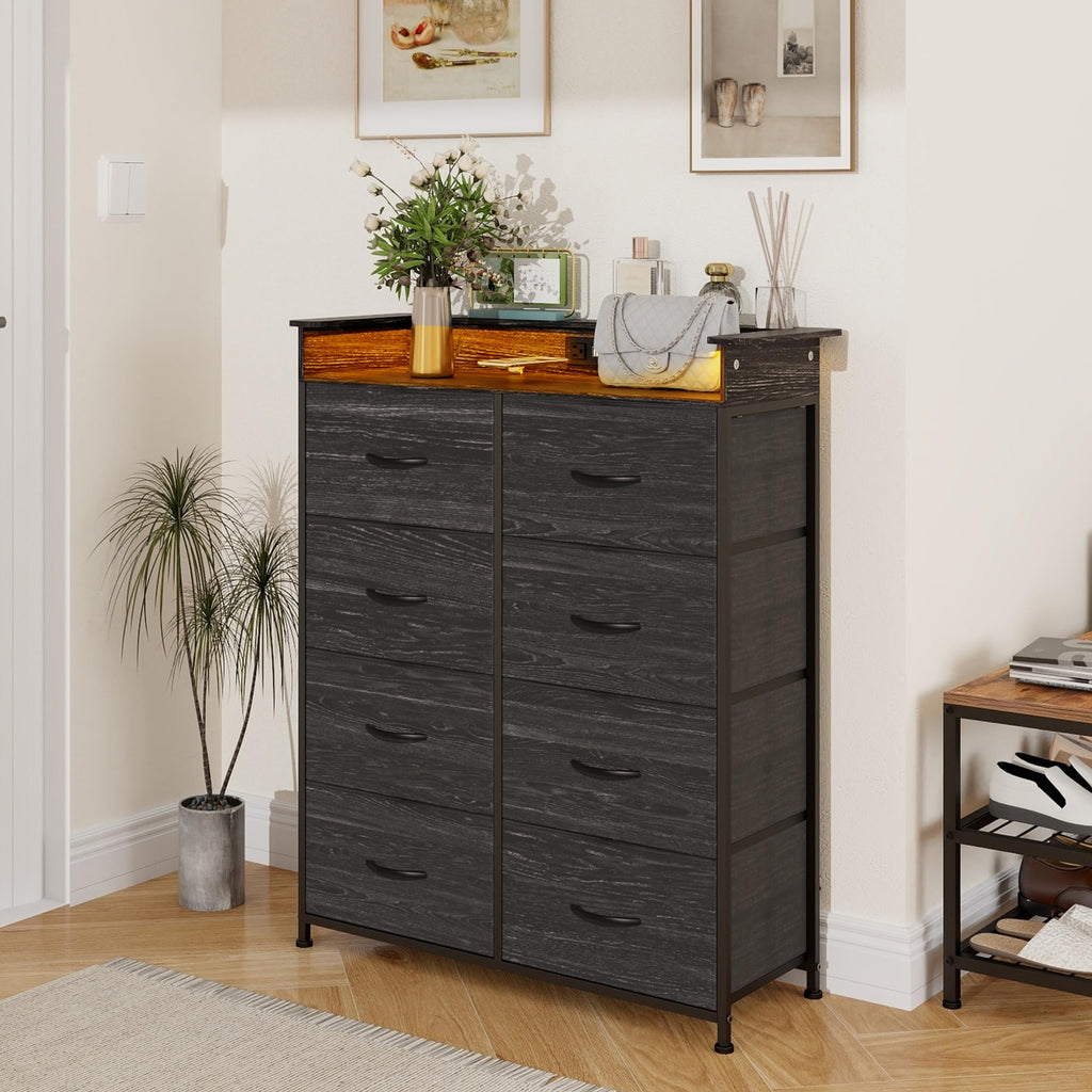 Fabric Dresser with LED Light and Charing Station Tall Dressers with 8 Drawers Black Dresser & Chest of Drawer for