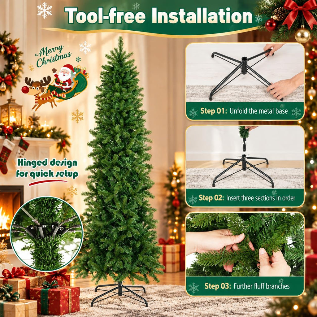 7.5 FT Pre-Lit Artificial Christmas Tree, Slim, Pencil, Easy Setup