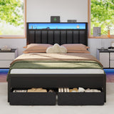 Full Bed Frame with Charging Station and LED Lights, Grey Upholstered Headboard with Shelves
